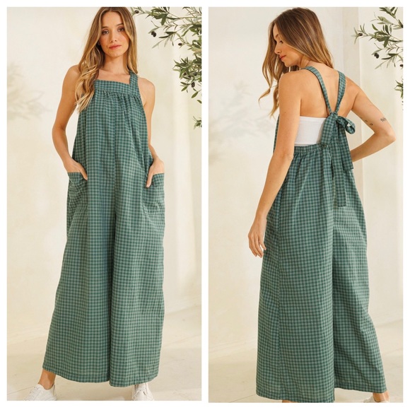 Boho Plaid Tie Back Wide Leg Jumpsuit - Picture 4 of 5